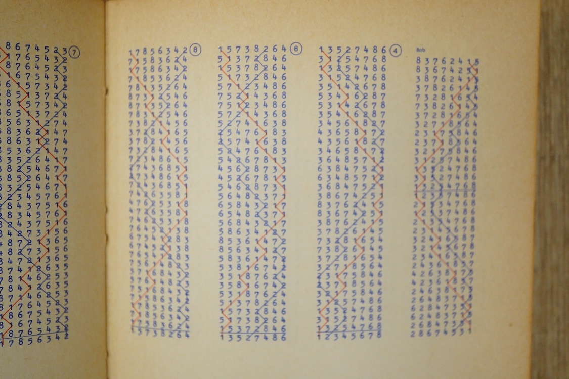 A set of twenty-two bronze handbells by Mears, London, with leather grips, together with two books from the Jasper Snowden Change Ringing Series, largest diameter 16cm